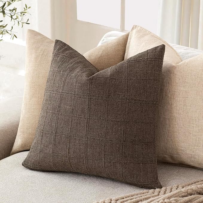 Foindtower Set of 2 Decorative Linen Check Throw Pillow Covers Neutral Farmhouse Vintage Cushion Covers Modern Boho Home Decor for Sofa Chair Couch Bedroom Living Room,24×24 Inch,Dark Brown