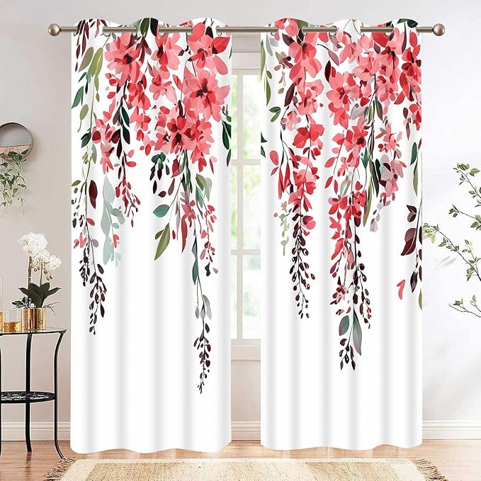 Red Watercolor Floral Curtains, Botanical Leaves Vine Flowers Curtain, Rustic Farmhouse Flower Leaf Blackout Window Treatment Drapes for Bedroom Living Room 42x72 inch, 2 Panels