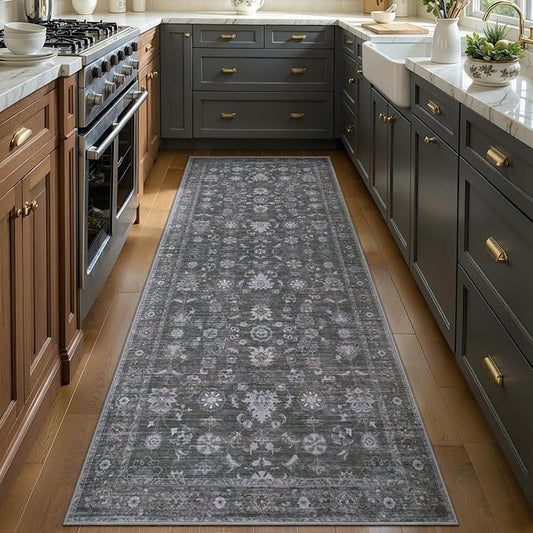Tangsoo 2x6 Washable Runner Rug for Hallway, Non Slip Boho Grey Floral Rug Runner for Kitchen Entryway,Distressed Gray Rugs Floor Carpet Soft Low Pile Indoor Mat for Bedroom Bathroom Laundry Dinning