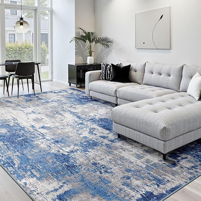 RELEANY Washable Area Rugs 7x10 Non-Slip Modern Abstract Soft for Living Room Entryway Bedroom Kitchen, Print Pattern, Blue Grey Navy Gray