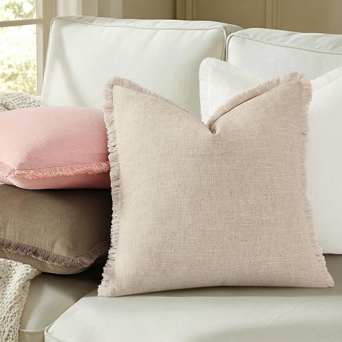 decorUhome Linen Fringe Throw Pillow Covers Set of 2 Decorative Pink Pillow Covers with Tassels Soft Accent Boho Farmhouse Pillow Cases for Couch Bed Sofa 16x16 Inch