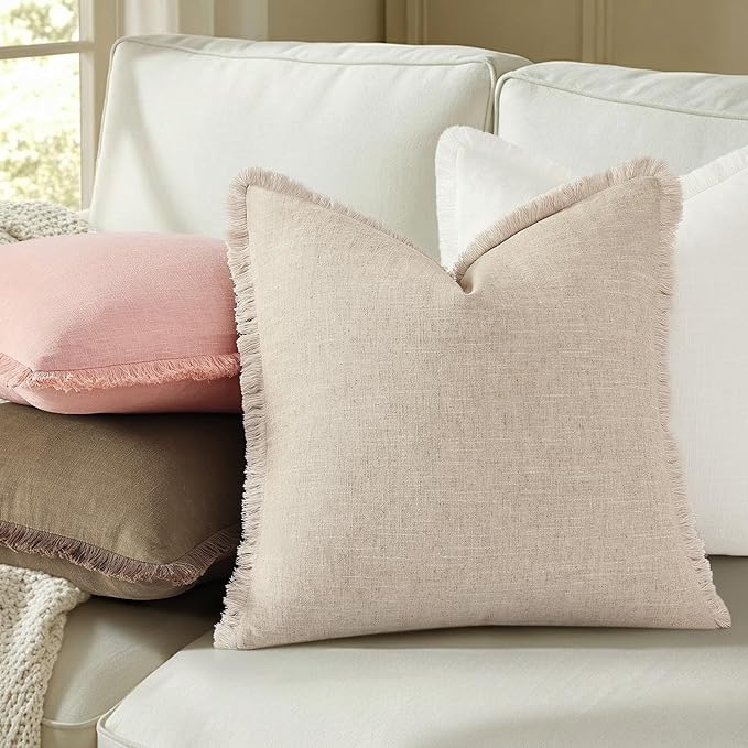 decorUhome Linen Fringe Euro Sham Throw Pillow Covers Set of 2 Decorative Pink Pillow Covers with Tassels Soft Accent Boho Farmhouse Pillow Cases for Couch Bed Sofa 24x24 Inch