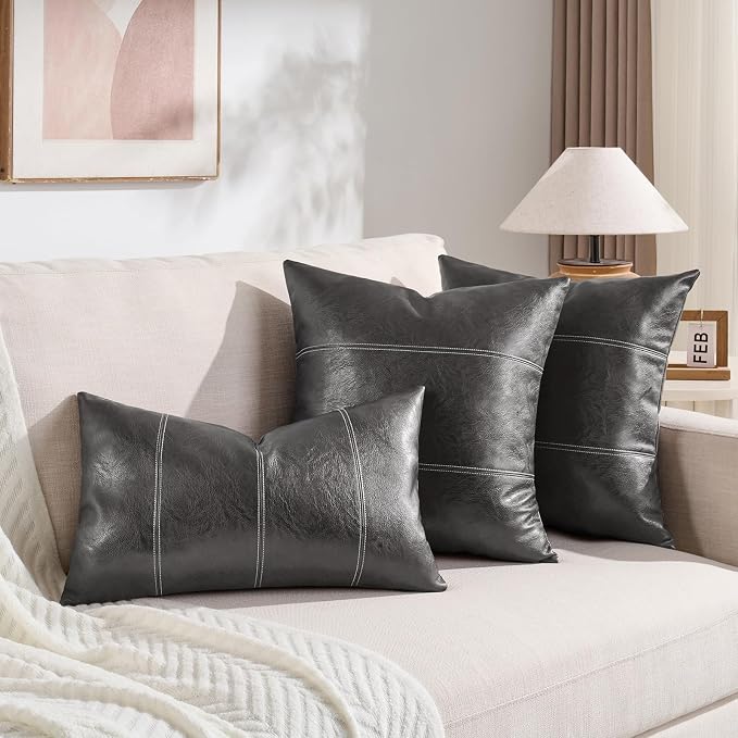 Fancy Homi Dark Gray Long Lumbar Faux Leather Decorative Throw Pillow Covers 12x24 Inch for Outdoor Couch Bed, Modern Farmhouse Boho Home Decor, Charcoal Gray Hand Stitched Cushion Case 30x60 cm