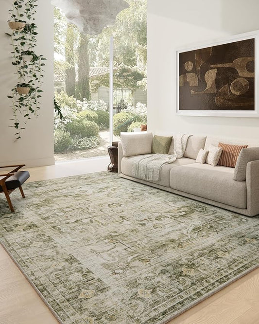 10x14 Area Rugs for Living Room: Large Washable Rug Non Slip Low Pile Soft Faux Wool Non Shedding Distressed Lightweight Vintage Boho Carpet for Bedroom Dining Room Kids Playroom Nursery Farmhouse