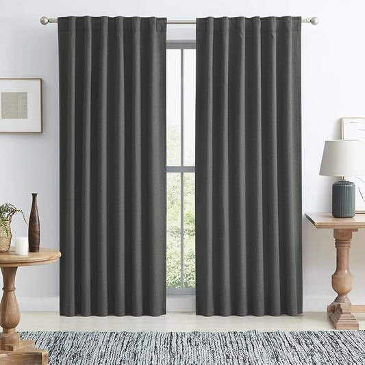 KEQIAOSUOCAI Living Room Full Shade Linen Curtain Panels, High-End Thermal Blackout Drapes 96 Inches Drop for Shift Worker and Light Sleepers, Dark Gray Back Tab Hook Belt, 50 x 96, 2 PCs