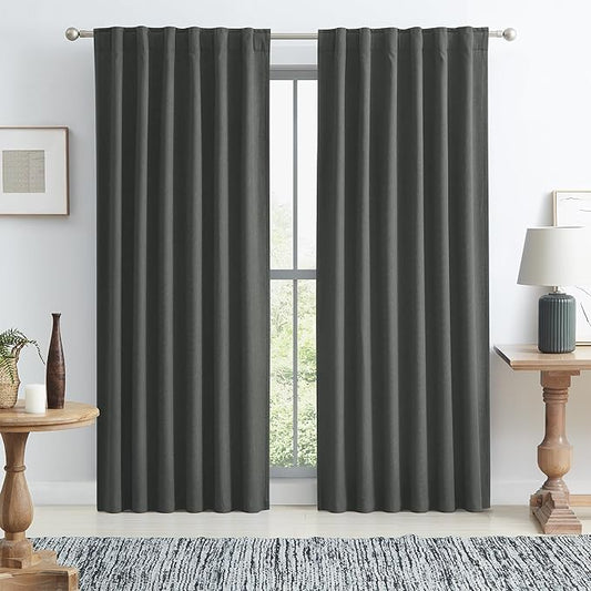 KEQIAOSUOCAI Complete 100% Blackout Curtains, Energy Smart & Noise Reducing Drapes, Full Shading Panels for Bedroom, 84 Inches Drop(Dark Grey, 50 Width, 2 Panels, Back Tab Pocket Hook Belt)