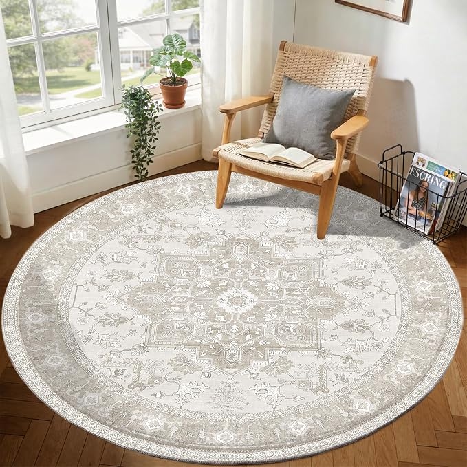 OPPODREAM Soft Round Rug 6ft, Play Room Rug, Washable Circle Rug 6ft with Non Slip Backing, Small Low-Pile Area Rugs 6 ft, Faux Cashmere Throw Carpet, Beige