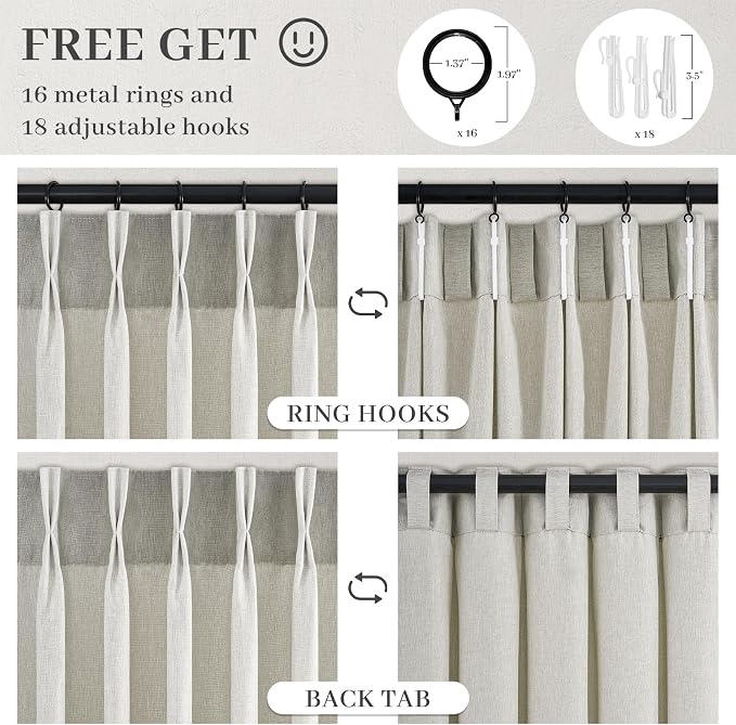 Extra Long Semi Sheer Grey Beige Linen Curtains 108 Inches (9 FT) 2 Panels for Bedroom,Linen Textured Rustic Curtains with Hooks,Light Filtering & Acoustic for Living Room Large Window
