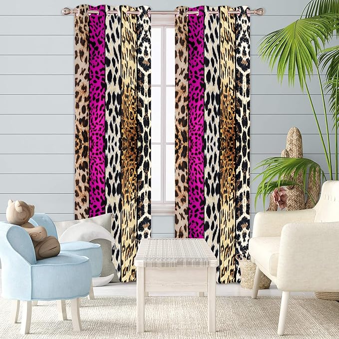 Wild Animal Print Curtain, Room Darkening Thermal Insulated Blackout Leopard Boa Window Drapes with Grommets for Living, Dining, Bedroom, Hot Pink Leopard Print, 52"x 90", 2 Panels
