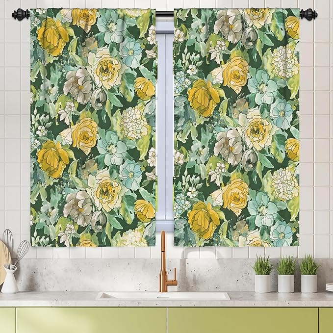Renaiss 42 x 54 Inch Watercolor Floral Kitchen Curtains Flower Plant Small Short Cafe Window Curtains Rustic Colorful Wildflower Plants Blossom Spring Rod Pocket Tier Window Treatment Drapes 2 Panels