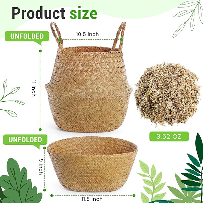 Knitgrip Large Wicker Plant Basket with Handle 10 Inch Woven Seagrass Belly Basket and Artificial Moss for House Plants Picnic Grocery Laundry Storage Home Decor(Large,Original,1 Pack)