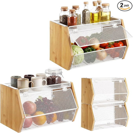 2 Pcs Stackable Mesh Fruit Basket with Lid, Wall Mounted Fruit Basket Snack Onion Potato Storage Container for Vegetable Produce Kitchen Counter Bathroom(White)