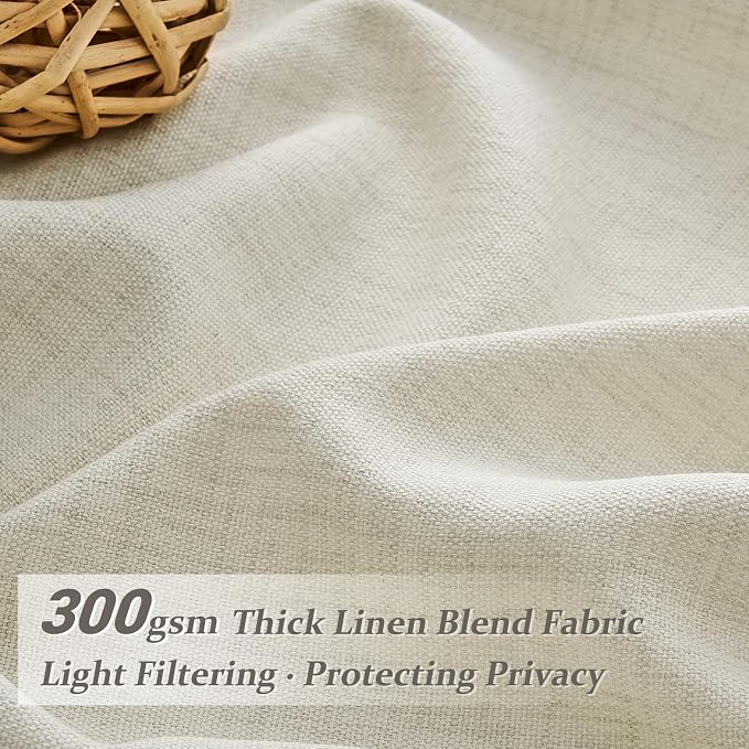 Cream Memory Shape Pleated 95 Inch Curtains 2 Panels Set for Dining Room, Natural Linen Textured Semi Sheer Heavy Drapes Light Filtering Privacy 94-96 Inches Long Windows Curtain with Hooks & Rings