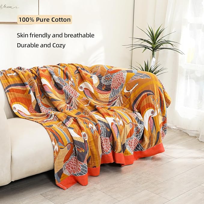VANJOROY Boho Large Throw Blanket, 100% Organic Cotton Breathable Soft Bed Throw - Floral Bird Farmhouse Decor Blanket for Sofa Couch Chair Quilt and Gift. 91" x 98"- Colorful