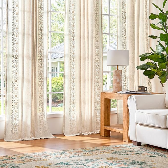 jinchan Weslie Boho Curtains for Bedroom 4 Panels Ivory Vintage Floral Farmhouse Curtains 63 Inch Length Linen Drapes for Living Room Embroidered Light Filtering Drapes Cottagecore Ivory on Beige