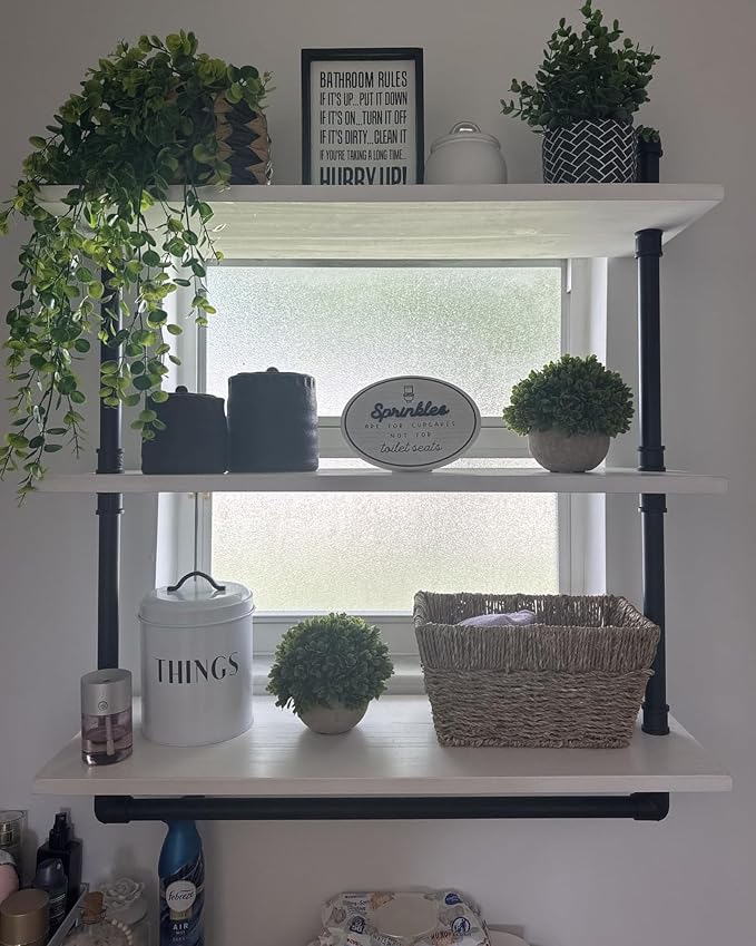 30 inch Retro White Rustic Bathroom Shelves Farmhouse Pipe Wall Shelves | Industrial Pipe Shelving Floating Shelves with Towel Rack for Kitchen Storage,Living Room,Bedroom
