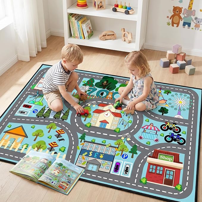 Car Rug Play Mat - Road Rug for Kids Boys Room, Fun Race Track Traffic Road Carpet for Boys Playmat Educational Learn, Car Carpet for Kids Room Decor Playmat Bedroom Playroom,2.5x4 Feet