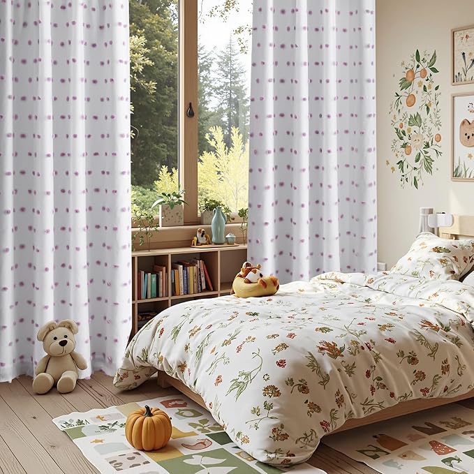 MYSKY HOME 100% Blackout Curtains for Living Room White Curtains 102 Inch Extra Long Total Light Block Girls Room Drapes Thermal Insulated Room Darkening Purple Pom Pom Sheer Back Tab 2 Pieces 52 Wide