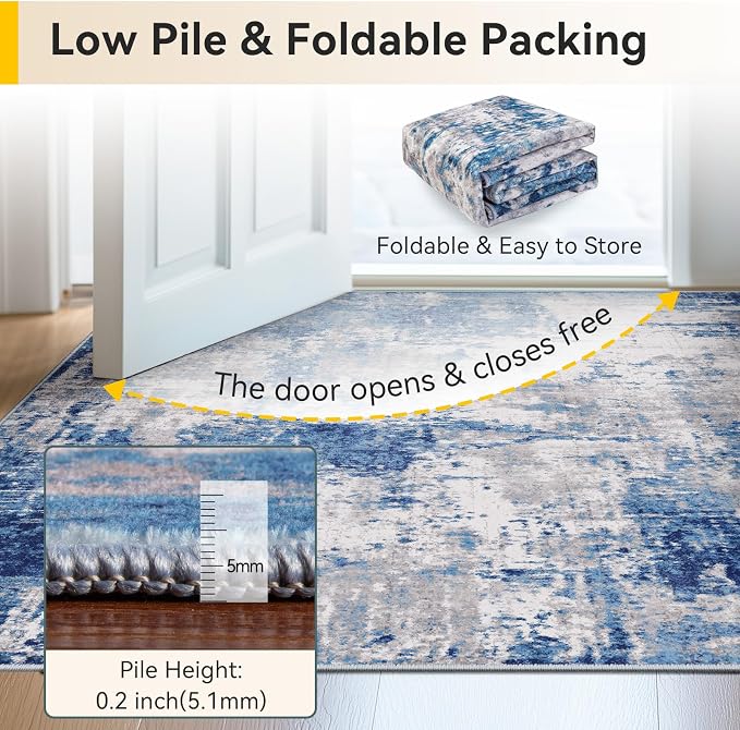 RELEANY Washable Area Rugs 2'x4' Non-Slip Modern Abstract Soft for Living Room Entryway Bedroom Kitchen, Print Pattern, Blue Grey Navy Gray
