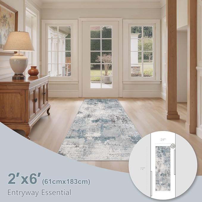 Abstract 2x6 Runner Rug: Machine Washable Non Slip Ultra Thin Low-Pile Carpet, Soft Stain Resistant for Hallway Kitchen Bathroom, Kid Pet Friendly, Robot Vacuum Compatible - Grey Blue