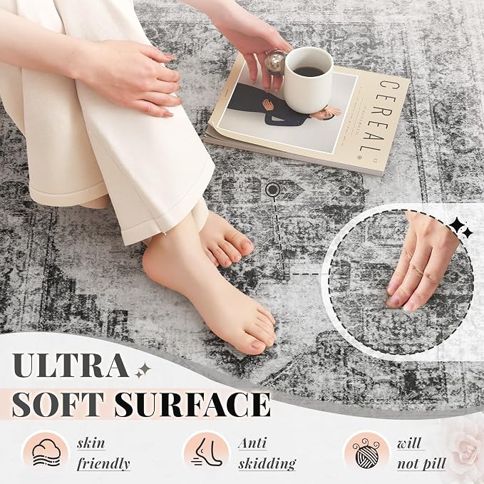 Area Rug 9x12 Vintage Rugs: Large Washable Indoor Medallion Rug Low Pile Distressed Floor Carpet Retro Accent Rugs for Living Room Bedroom Kitchen Dining Table Home Office(Black, 9'x12')