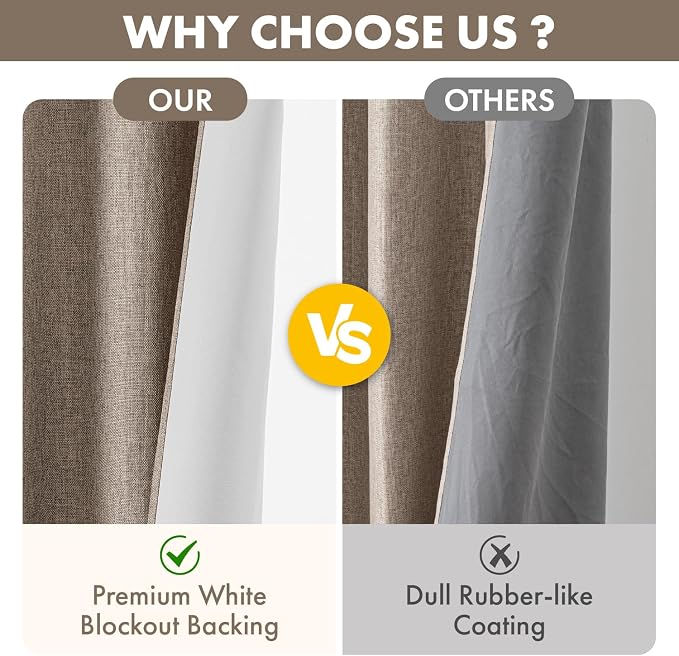 MIULEE 100% Blackout Linen Curtains for Bedroom 96 inches Long, Thermal Insulated Room Darkening Black Out Drapes for Living Room, Back Tab Rod Pocket, 2 Panels Set, 40 Wide x 96 Length, Taupe