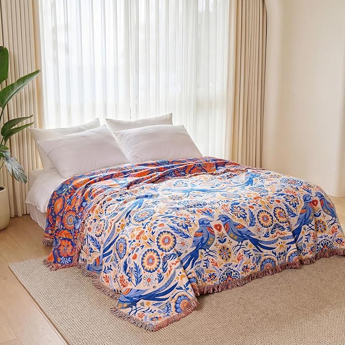 Boho Throw Blanket - 100% Cotton Ultra Soft Muslin Spring Blanket, 50"x60" Lightweight Floral Bird Framhouse Bedding Blanket for Bed, All Season Blue Bohemian Bedroom Home Decor Quilt