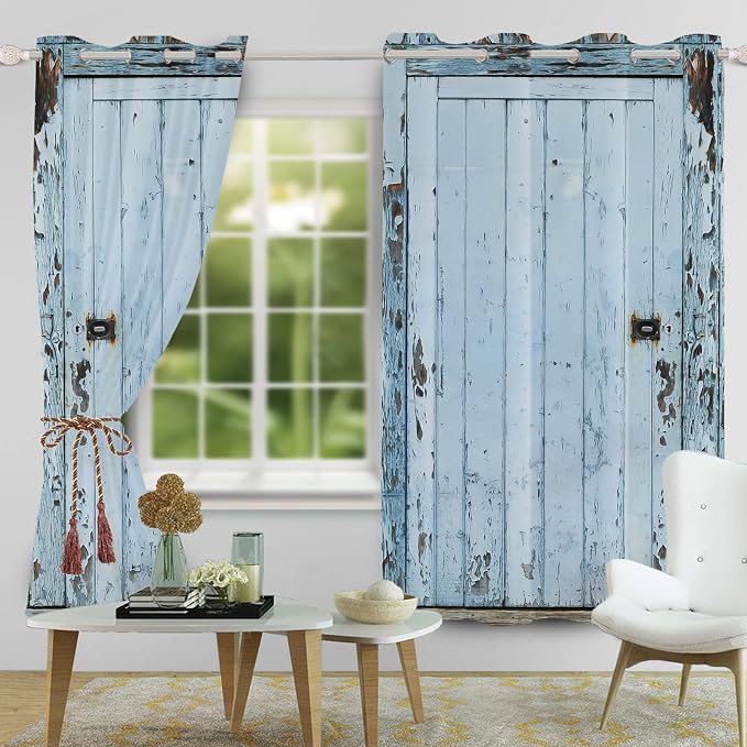 Wooden Barn Door Window Curtains Vintage Blackout Kitchen Curtains Rustic Country Farmhouse Garage Decor Light Blue Wood Planks Print Window Drapes for Living Room Bedroom,53x72 inch,2 Panels