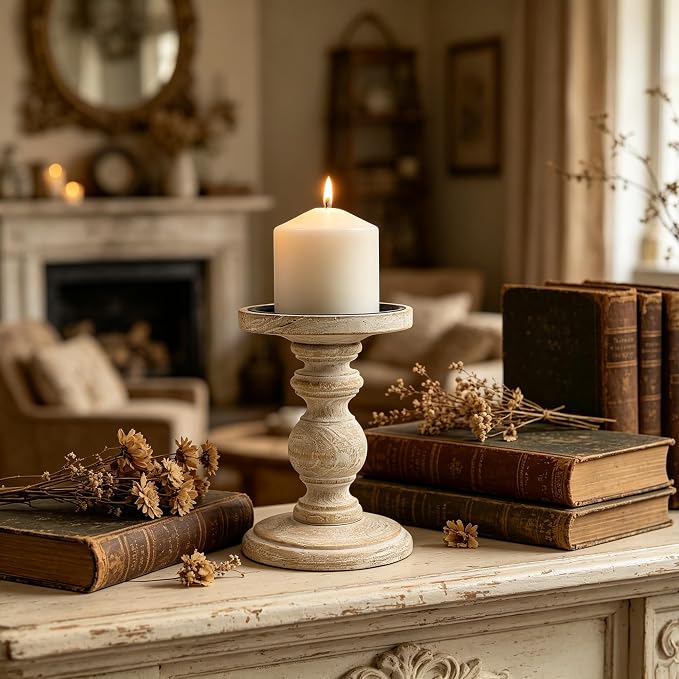 Hosley Antique White Wooden Pillar Candle Holder 7 Inch High - Rustic Country Farmhouse Decor, Wedding Centerpiece, Home Accent Gift