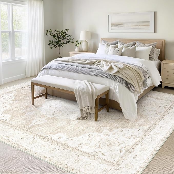 Vintage Living Room Area Rug - 8x10 Large Machine Washable Boho Moroccan Rug Distressed Farmhouse Rugs for Bedroom - Soft Non-Slip Indoor Carpet for Dining Room Office Nursery(Boho Beige, 8'x10')