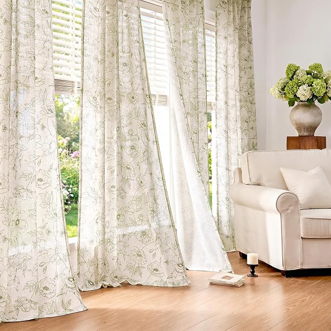 jinchan Floral Linen Curtains for Living Room 84 Inch Length Green Flower Curtain Rod Pocket Back Tab Farmhouse Curtains with Printed Floral Bedroom Window Curtain Set, 2 Panels Green