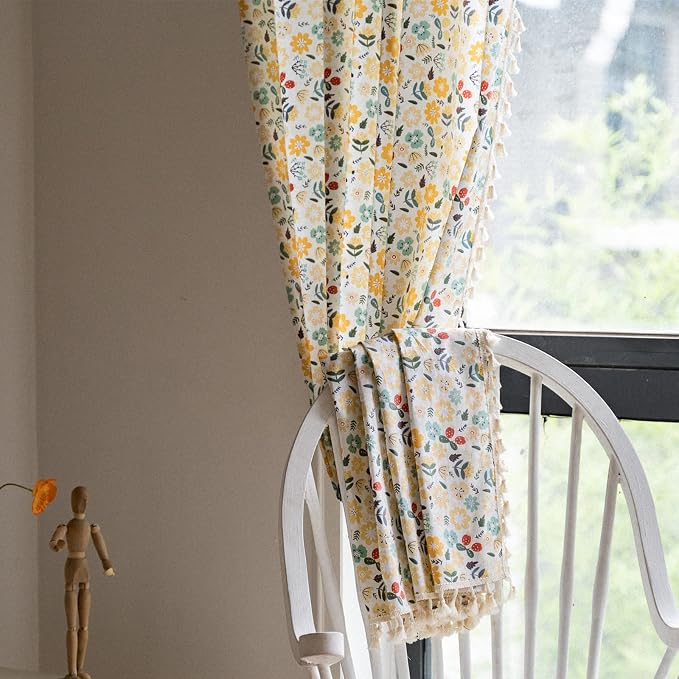 Sutuo Home Boho Curtain Semi-Blackout Colorful Florals Print Cotton Linen Fabric, Handmade Tassels Rod Pocket Bohemian Farmhouse Country Window Drapes for Living Bedroom, 59" W x 84" L, 1 Panel