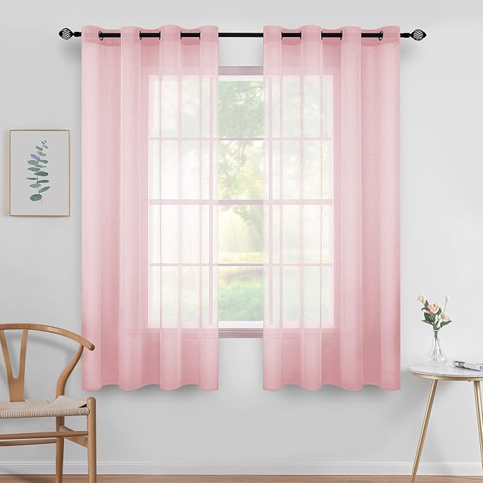 MIULEE 2 Panels Pink Semi Sheer Window Curtains Spring Elegant Grommet Top Window Voile Drapes/Treatment Linen Textured Panels for Bedroom Living Room (54X63 Inches)