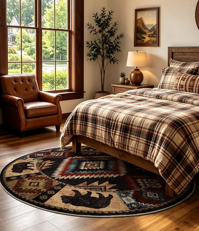 YIHOUSE Southwestern Round Rug 4ft, Low Pile Soft Circle Rug with Non-Slip Backing, Western Rustic Washable Rugs for Living Room, Bedroom