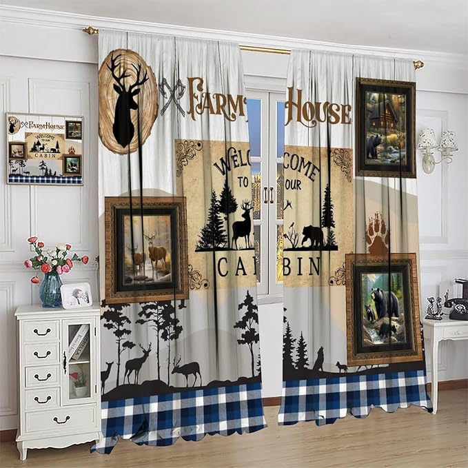 Hunting Bear Deer Blackout Curtains Vintage Rustic Farmhouse Lattice Forest Hunting Lodge Wood Wildlife Windows Treatments for Kitchen Farm Living Room Bedroom 72x63in
