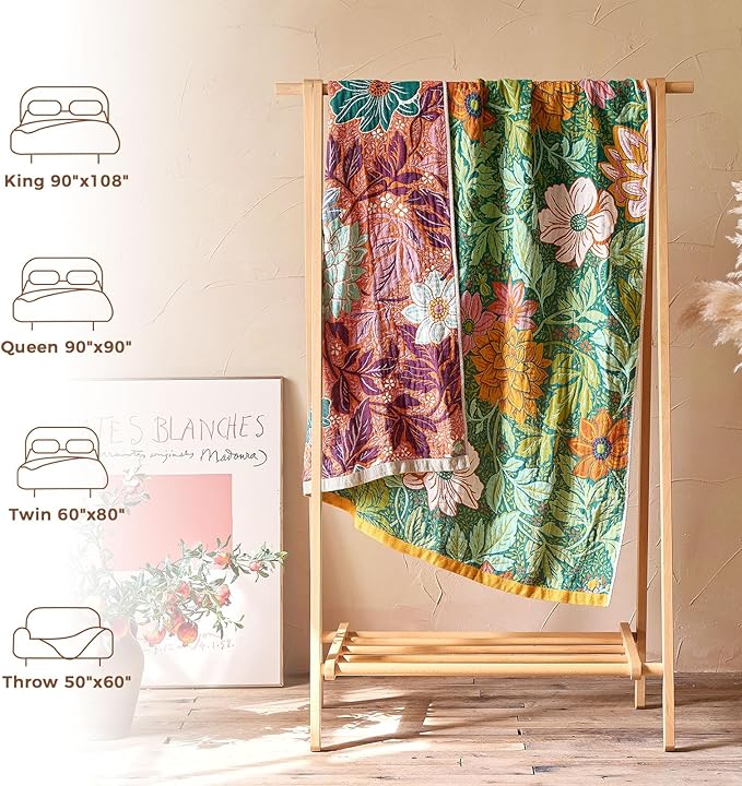 LUTBM Boho Throw Blanket for Couch Sofa Chair Spring Cotton Blankets for Bedroom Living Room All Season Lightweight Reversible Floral Embroidery Throws 50"x60"