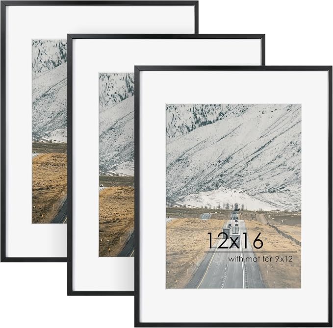FLYJOE 12x16 Metal Picture Frame for Wall With Mat for 9x12, 12''x16'' Aluminum Certificate Document Frames With Plexiglass, Minimalist Modern Poster Frame Horizontally Vertically Set of 3, Black