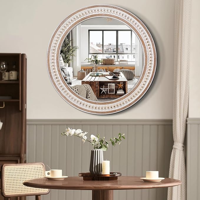 24 Inch Round Bathroom Mirror, Wooden Circular Mirrors for Wall Decor | Rustic Farmhouse Styling Adds Cozy Character Above Sinks, Vanities, Consoles, Dressers, Mantels, or Sofas
