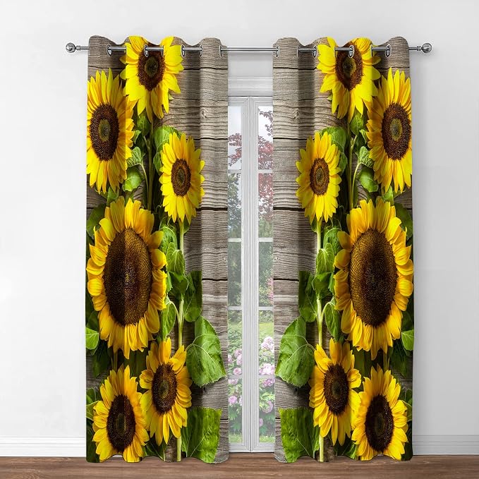 Jekeno Sunflower Floral Blackout Curtains Spring Flower on Rustic Wood Country Wooden Decor for Home Bedroom Living Room Darkening Grommet Window Drapes 2 Panel Set, 42"x63"