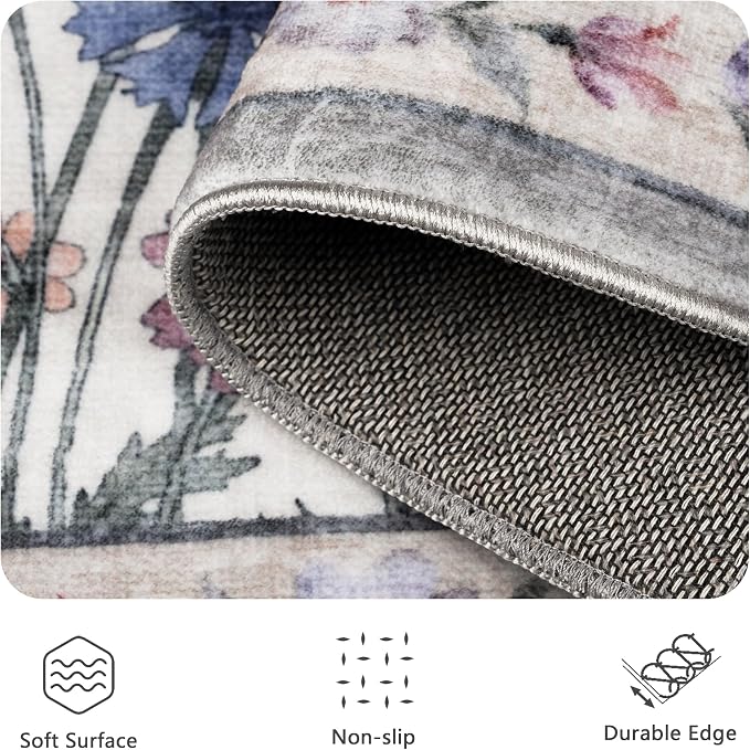 6x9 Area Rugs, Washable Floral Area Rugs for Living Room, Indoor Area Rug for Bedroom, Dining Room, Low Pile Non-Slip Non Shedding Rugs(Classic Beige)