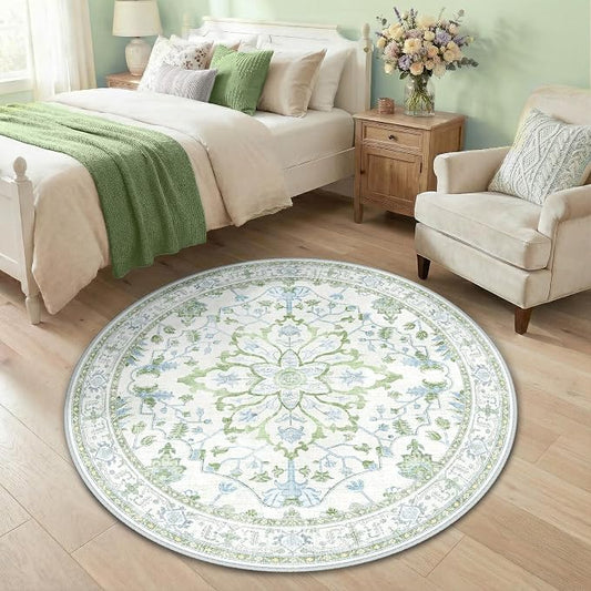 RELEANY Area Rugs Round 4ft Washable Non-Slip, Floral Vintage Distress Medallion Carpet for Living Room Bedroom Dining Room, Green White Blue