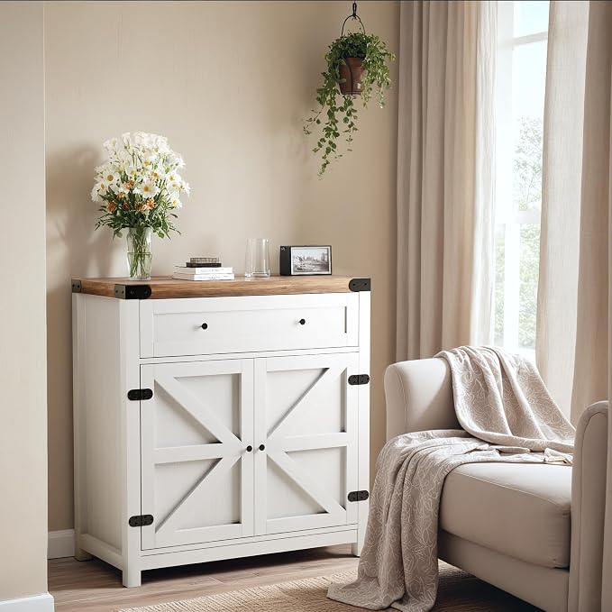 YESHOMY Coffee Bar and Accent Cabinet, Farmhouse Barn Door Buffet Sideboard with Drawer and Adjustable Shelf, Wide Desktop for Kitchen, Dining Room, Bathroom, Entryway, Brown & White