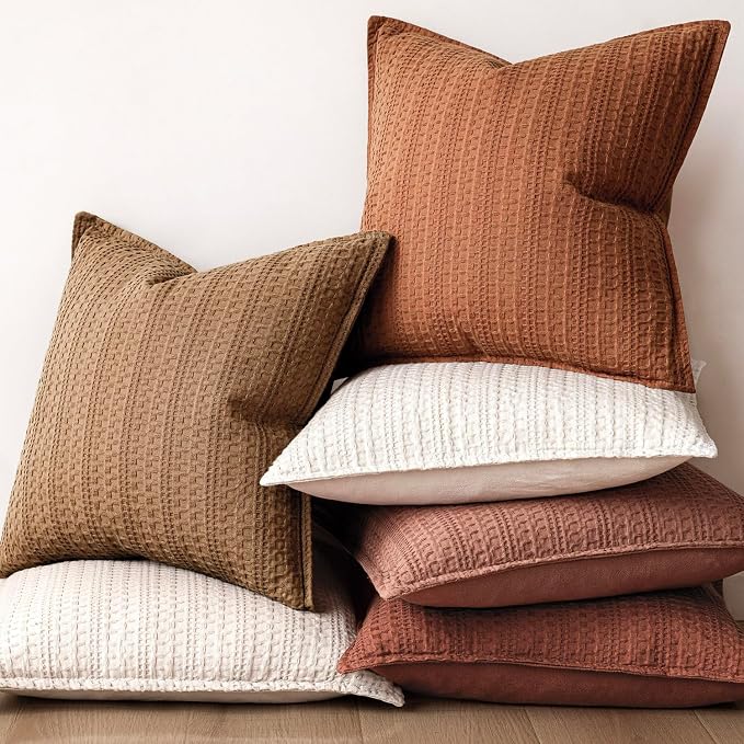 Foindtower Set of 2 Decorative Cotton Waffle Weave Throw Pillow Covers Euro Shams Cushion Covers Accent European Pillowcase for Bed Couch Sofa Bedroom Living Room Home Decor 20×20 Inch Orange Brown
