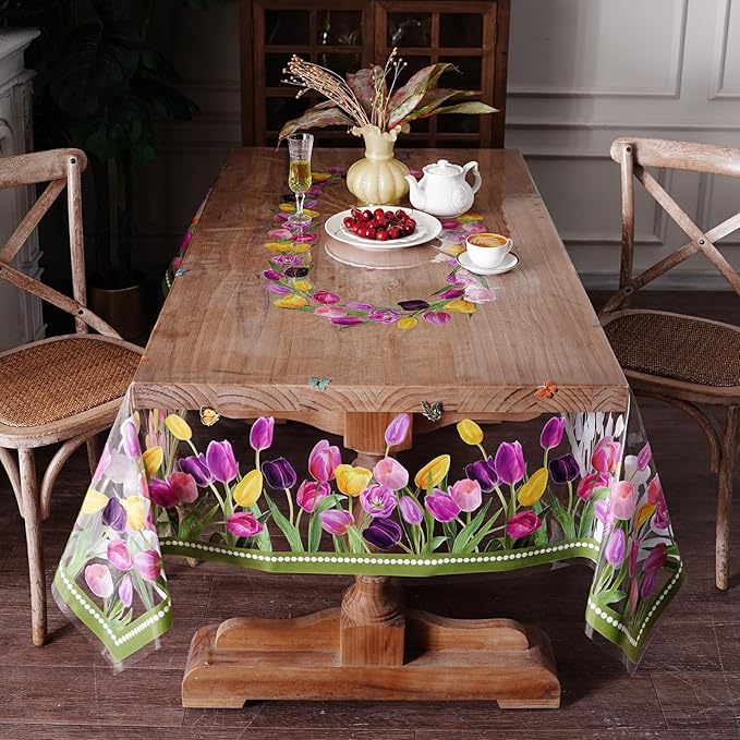 Clear Table Protector Cover Vinyl Rectangle PVC Tablecloth with Tulip Waterproof Oil Proof Wipeable Plastic Tablecloths for Spring Summer Home Kitchen Dining Table (Tulip, 52 x 70 Inches)