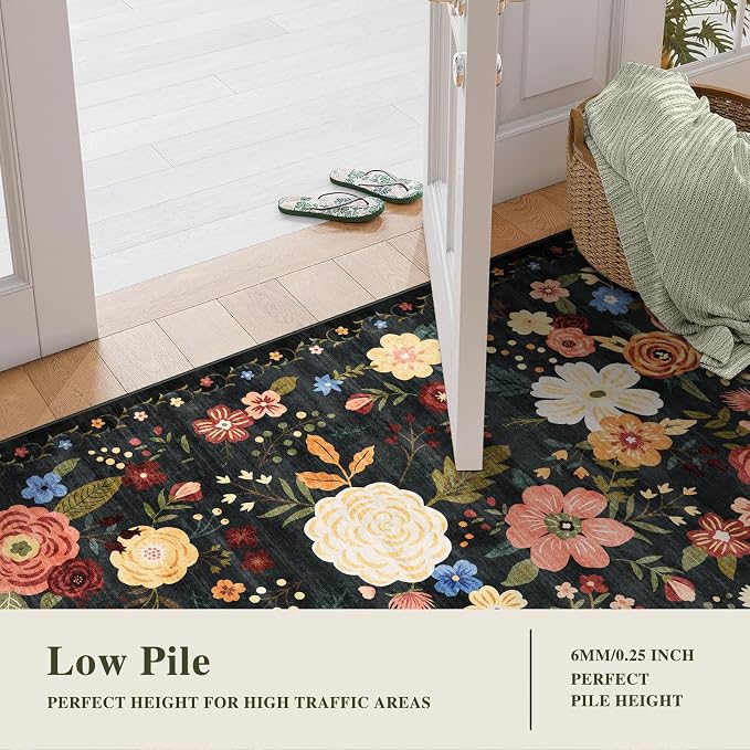 2.6x8 Machine Washable Runner Rug, Kitchen Hallway Area Rug Black Green Vintage Boho Floral Non-Slip Low Pile Soft Faux Wool Carpet Kids and Pets Friendly for Bedroom Entryway Nursery Home Decor Rug