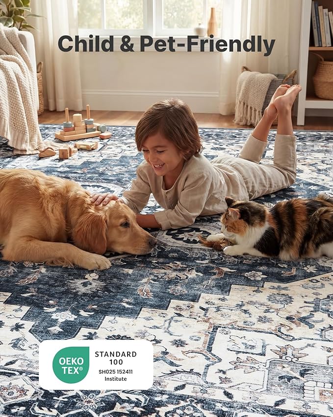 AMADA HOMEFURNISHING 5x7 Area Rugs, Washable Living Room Rug Low-Profile with Non-Slip Backing & Durable Edge Binding, Vintage 5x7 Rugs for Living Room, Bedroom, Dinning Room