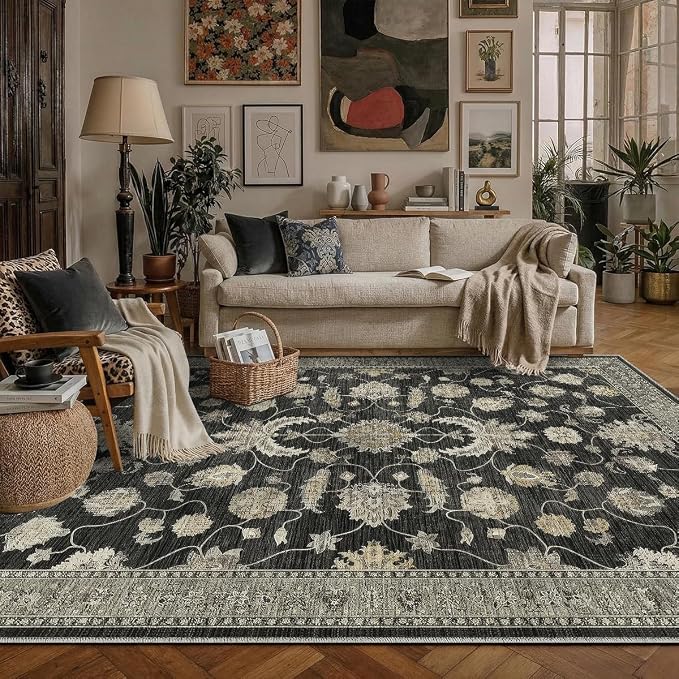 4x6 Area Rug for Living Room-Vintage Farmhouse Boho Floral Washable Stain Resistant Indoor Carpet for Bedroom Office and Home Decor(Black&Gold)
