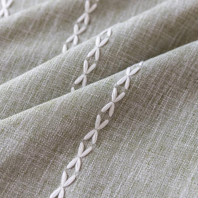 Boho Embroidered Linen Curtains - 96 Inch Long, 2 Panels, Sage Green, Farmhouse Style, Bohemian, Light Filtering for Bedroom & Living Room (52" W x 96" L)