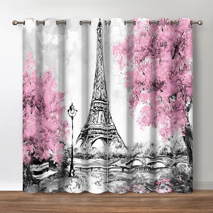 Jekeno Paris Eiffel Tower Blackout Curtains - Black and White Eiffel Tower Street Lights Pink Tree Print Decor Women Girls Bedroom Living Room Grommet Window Drapes 2 Panel Set, 42"x84"