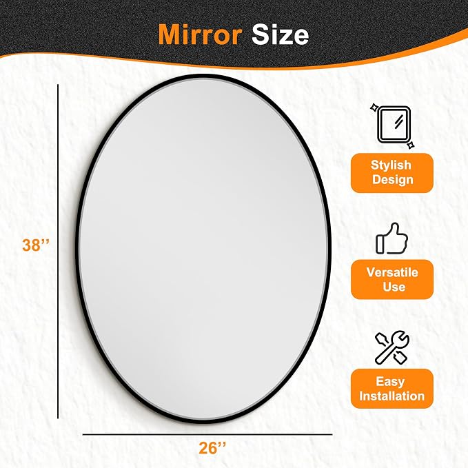 Oval Bathroom Vanity Mirror for Wall, 38''x26'' Black Oval Bathroom Mirror for Over Sink, Bedroom, Living Room, Entryway, HD Tempered Glass, Wall Mounted Horizontally or Vertically